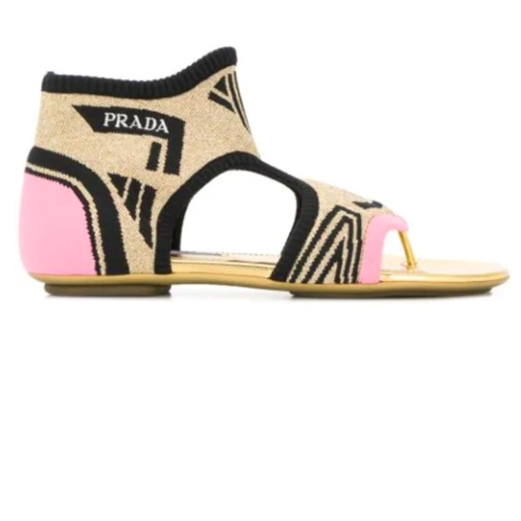 Prada Thong Knit Cut-Out Logo Print Flat Sock Sandals in Gold/Pink sz 37 - Picture 1 of 6